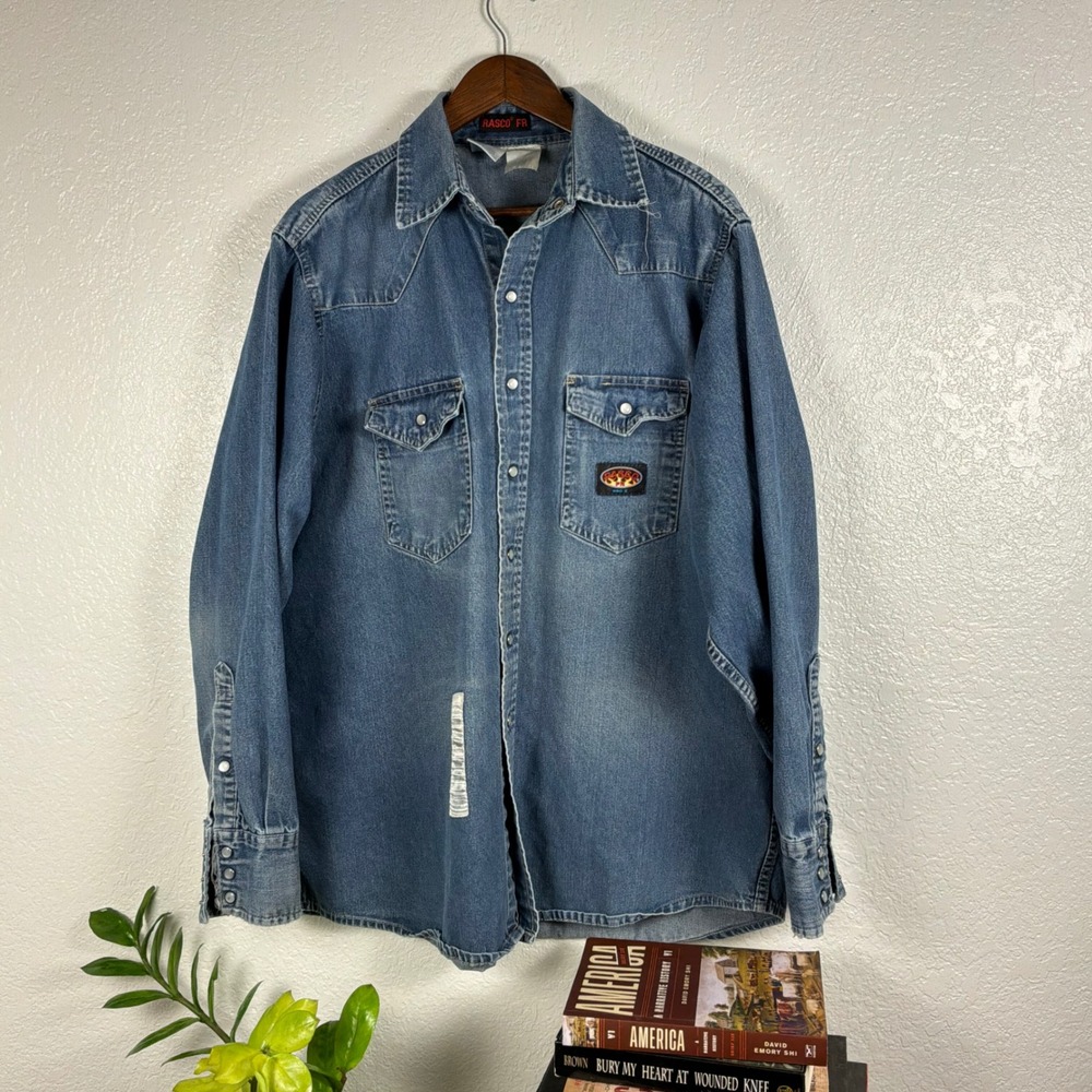Rasco FR Denim Shirt Mens 2XL Long Blue Excellent Flame Resistant Western Work